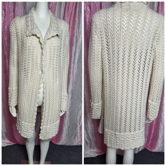 Sigrid Olsen Signature Knit Crochet Open Duster Cardigan Size Medium - Picture 1 of 13